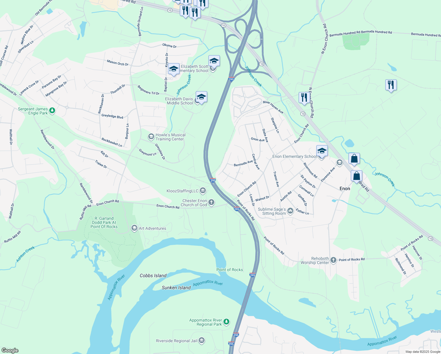 map of restaurants, bars, coffee shops, grocery stores, and more near 14405 Santell Drive in Chester