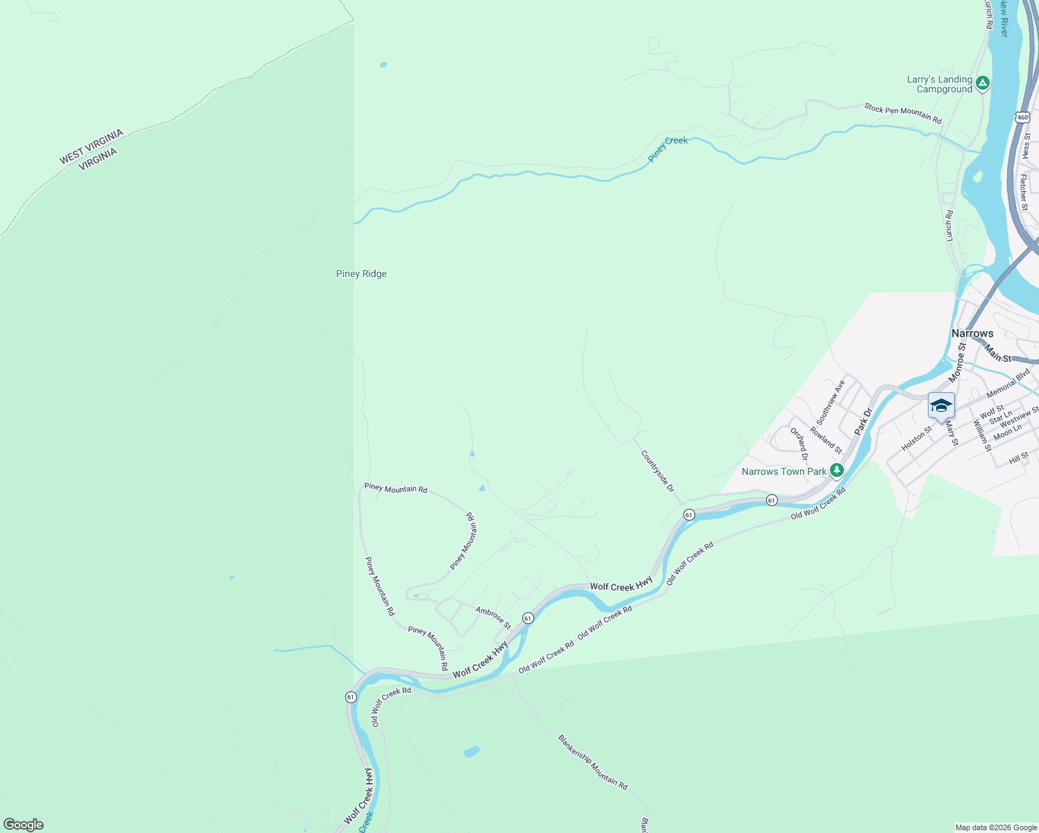 map of restaurants, bars, coffee shops, grocery stores, and more near 492 Sky View Lane in Narrows