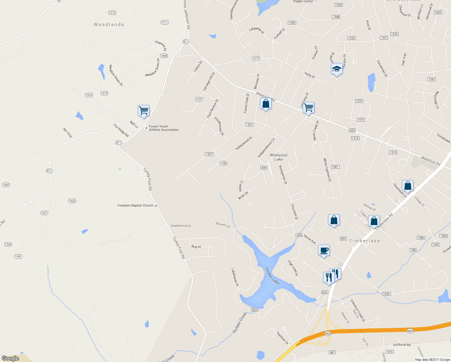 map of restaurants, bars, coffee shops, grocery stores, and more near 204 Goose Ridge Drive in Forest