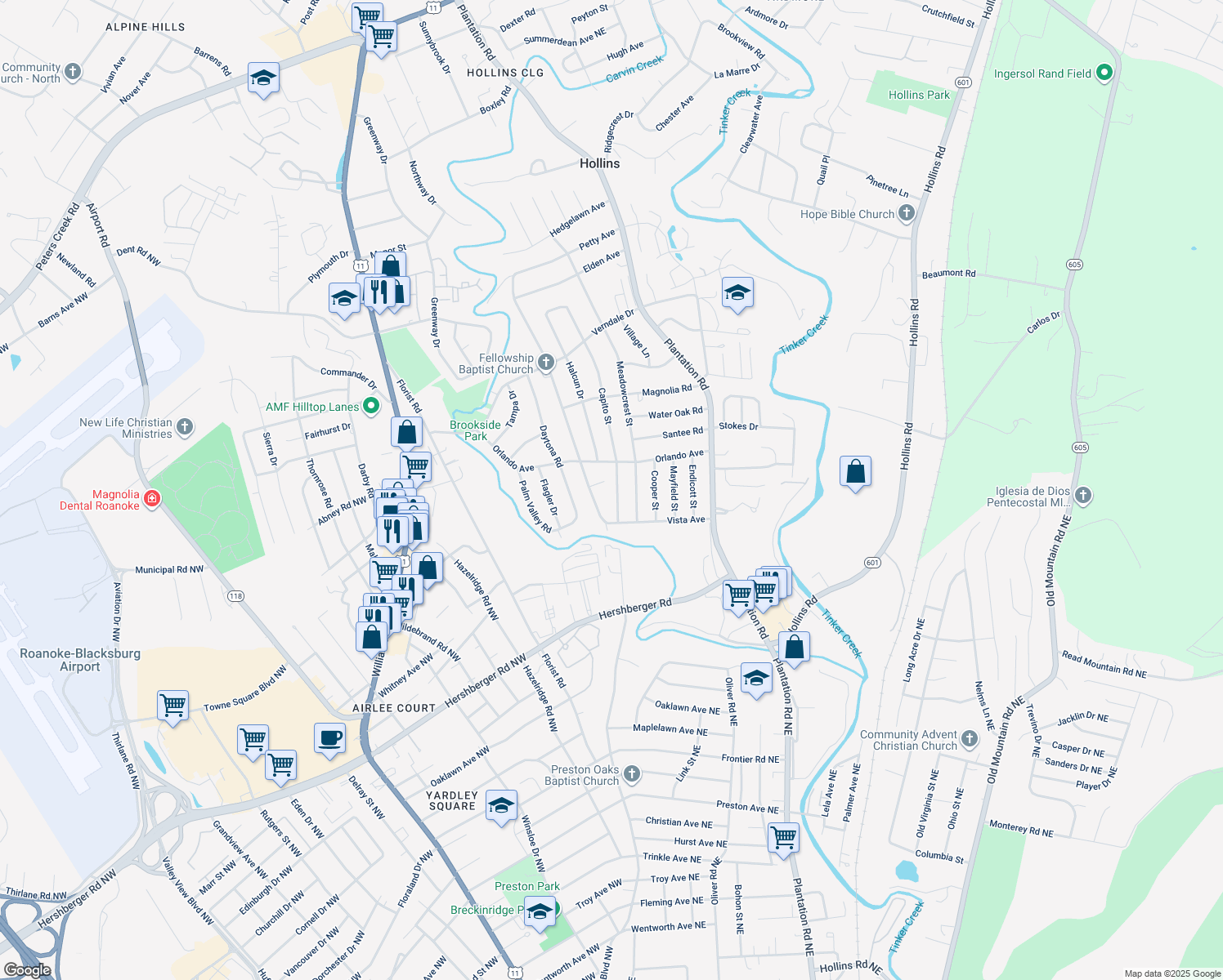 map of restaurants, bars, coffee shops, grocery stores, and more near 5404 Capito St in Roanoke