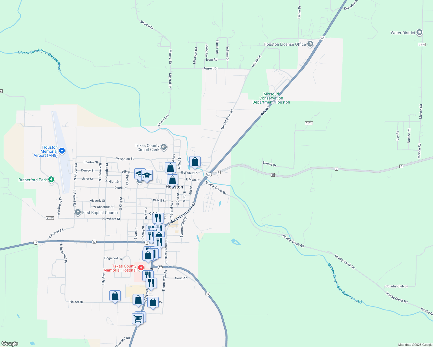 map of restaurants, bars, coffee shops, grocery stores, and more near 620 State Route B in Houston