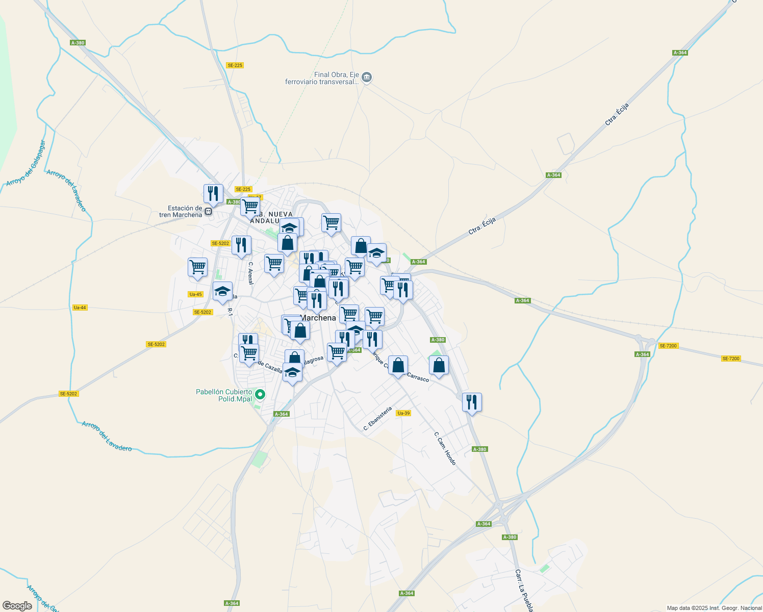 map of restaurants, bars, coffee shops, grocery stores, and more near 6 Calle Sancho Dávila in Marchena