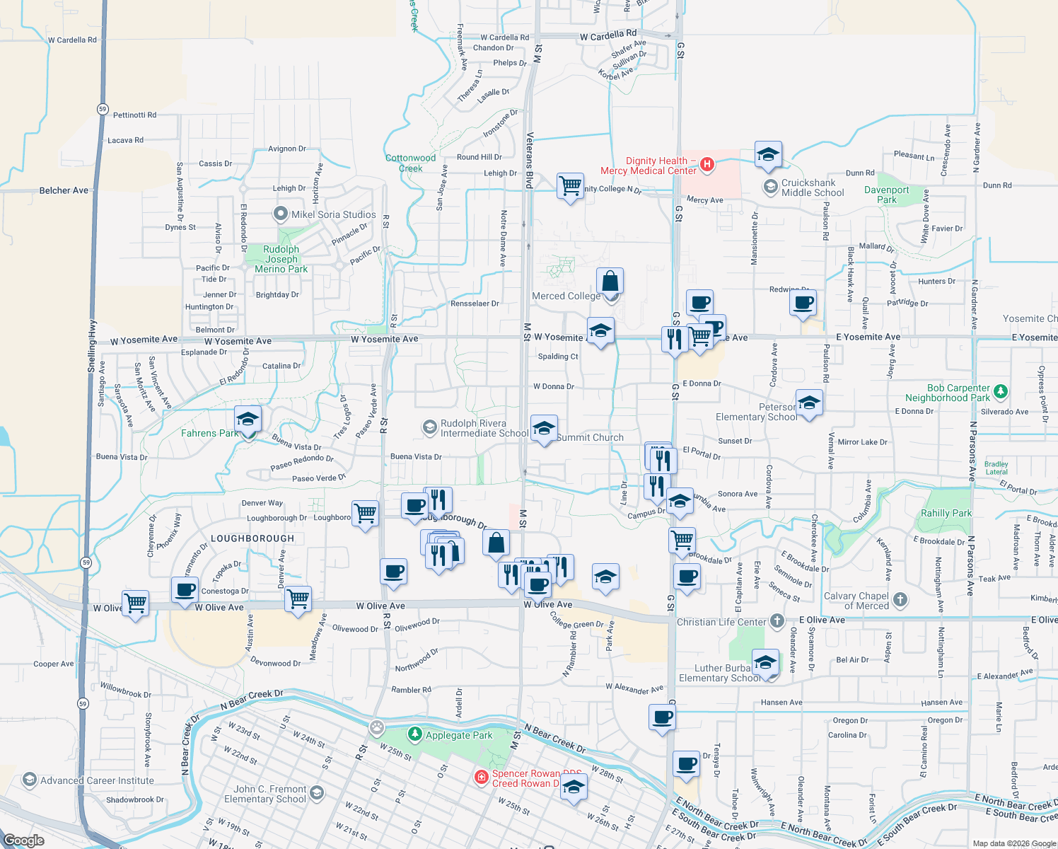 map of restaurants, bars, coffee shops, grocery stores, and more near 592 Kathryn Ct in Merced