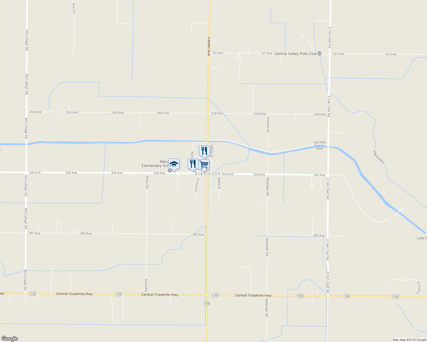 map of restaurants, bars, coffee shops, grocery stores, and more near 2776 Center Street in Stevinson