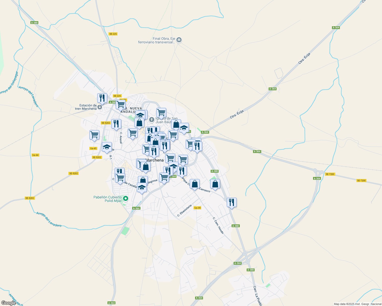 map of restaurants, bars, coffee shops, grocery stores, and more near 6 Calle Sancho Dávila in Marchena