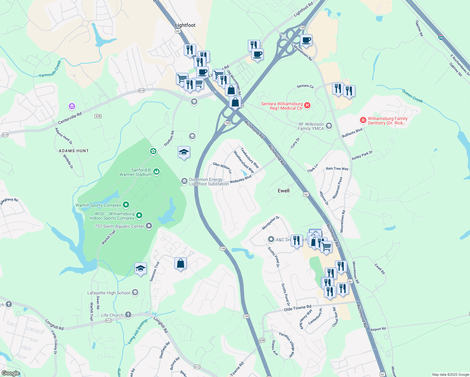 map of restaurants, bars, coffee shops, grocery stores, and more near 6108 South Mayfair Circle in Williamsburg