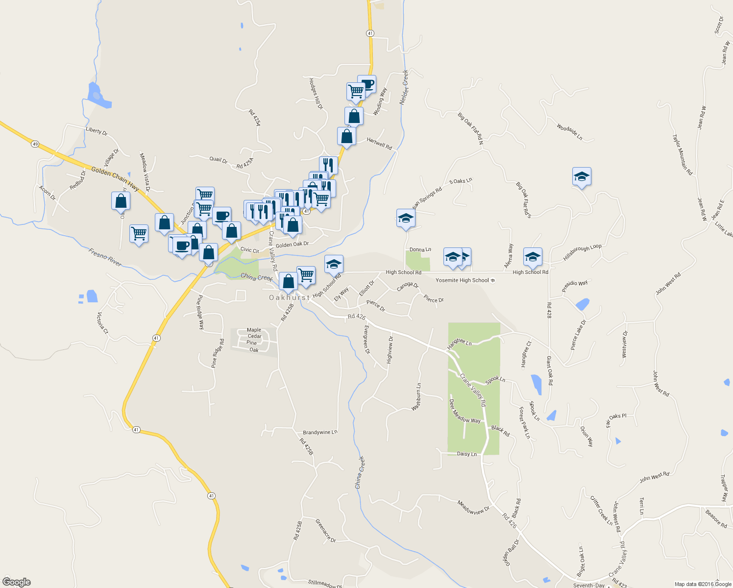 map of restaurants, bars, coffee shops, grocery stores, and more near 40901 Elliott Drive in Oakhurst