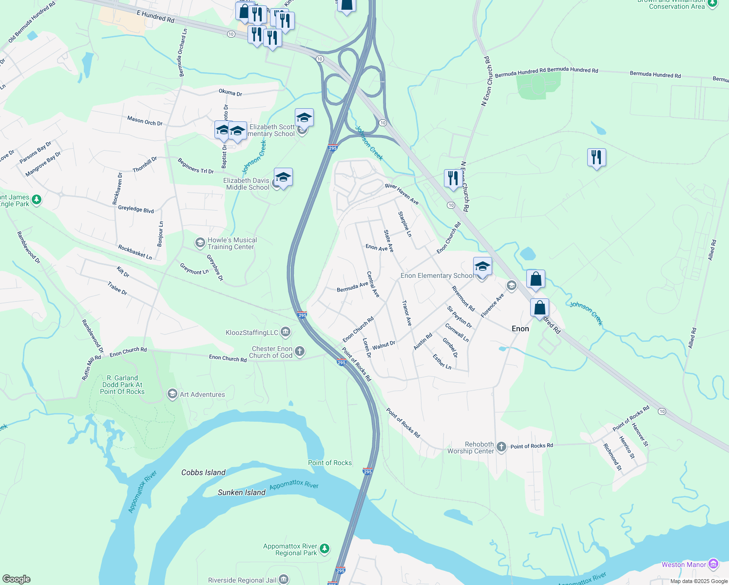 map of restaurants, bars, coffee shops, grocery stores, and more near 14305 Bermuda Court in Chester