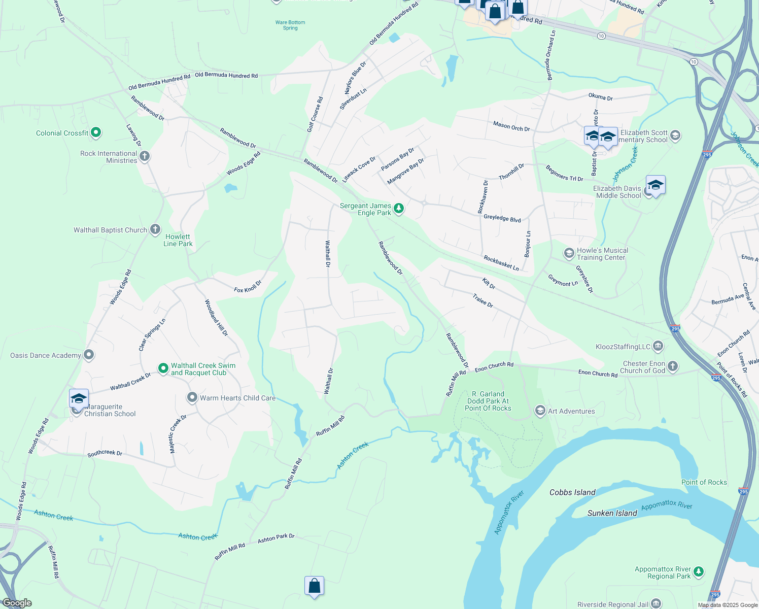 map of restaurants, bars, coffee shops, grocery stores, and more near 407 Walthall Crest Court in Chesterfield County