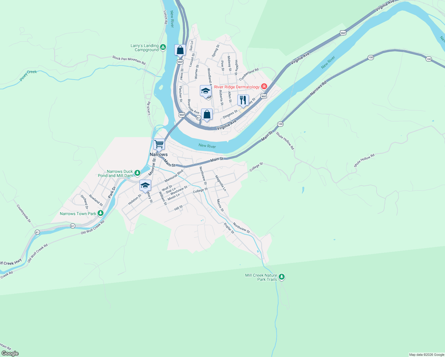 map of restaurants, bars, coffee shops, grocery stores, and more near 1102 Westview St in Narrows