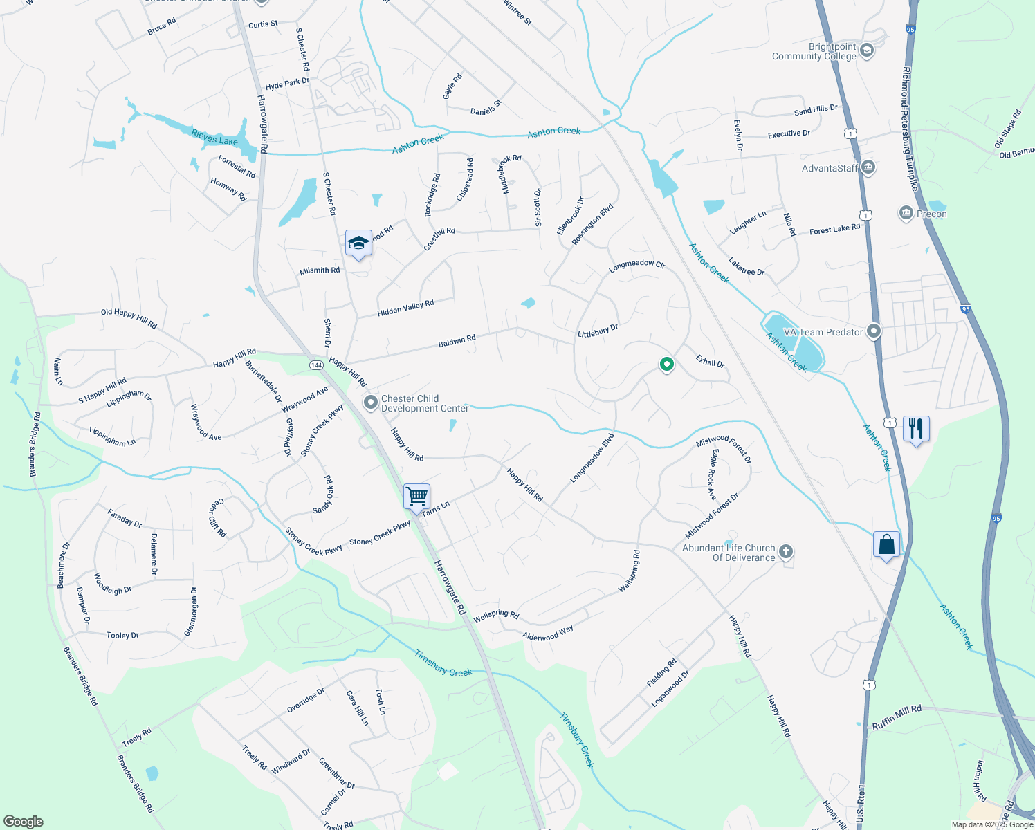 map of restaurants, bars, coffee shops, grocery stores, and more near 14031 Happy Hill Rd in Chester