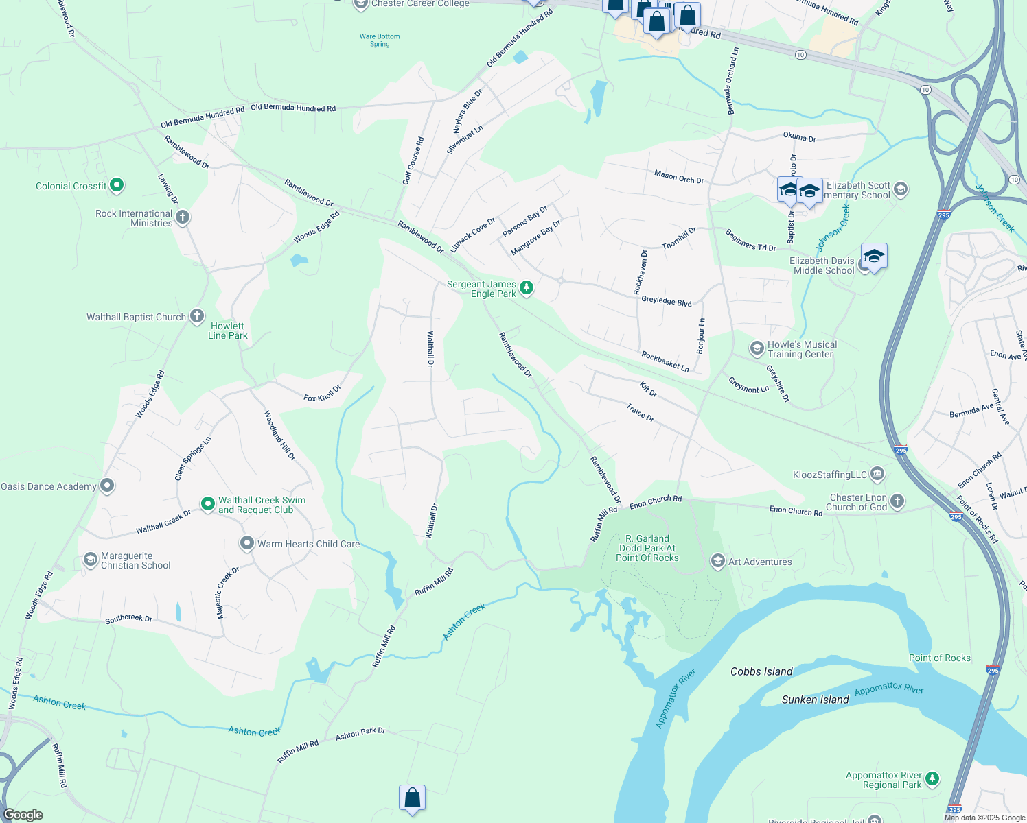 map of restaurants, bars, coffee shops, grocery stores, and more near 401 Walthall Crest Court in Chesterfield County