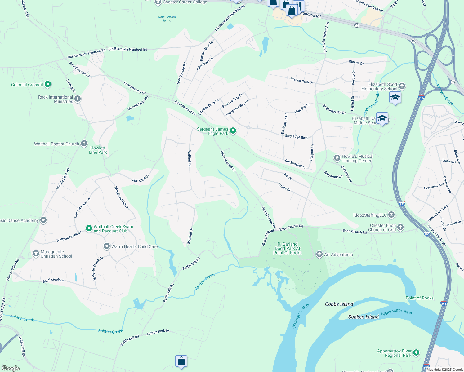 map of restaurants, bars, coffee shops, grocery stores, and more near 401 Walthall Crest Court in Chesterfield County