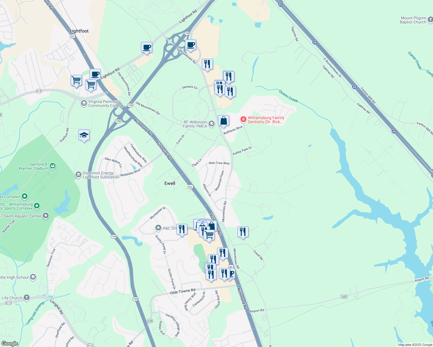 map of restaurants, bars, coffee shops, grocery stores, and more near 119 Indian Summer Lane in Williamsburg