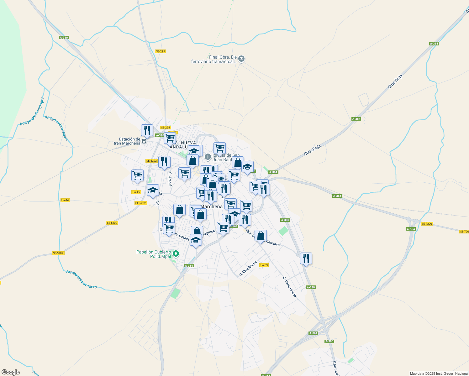 map of restaurants, bars, coffee shops, grocery stores, and more near 15 Calle Huerta Gavira in Marchena