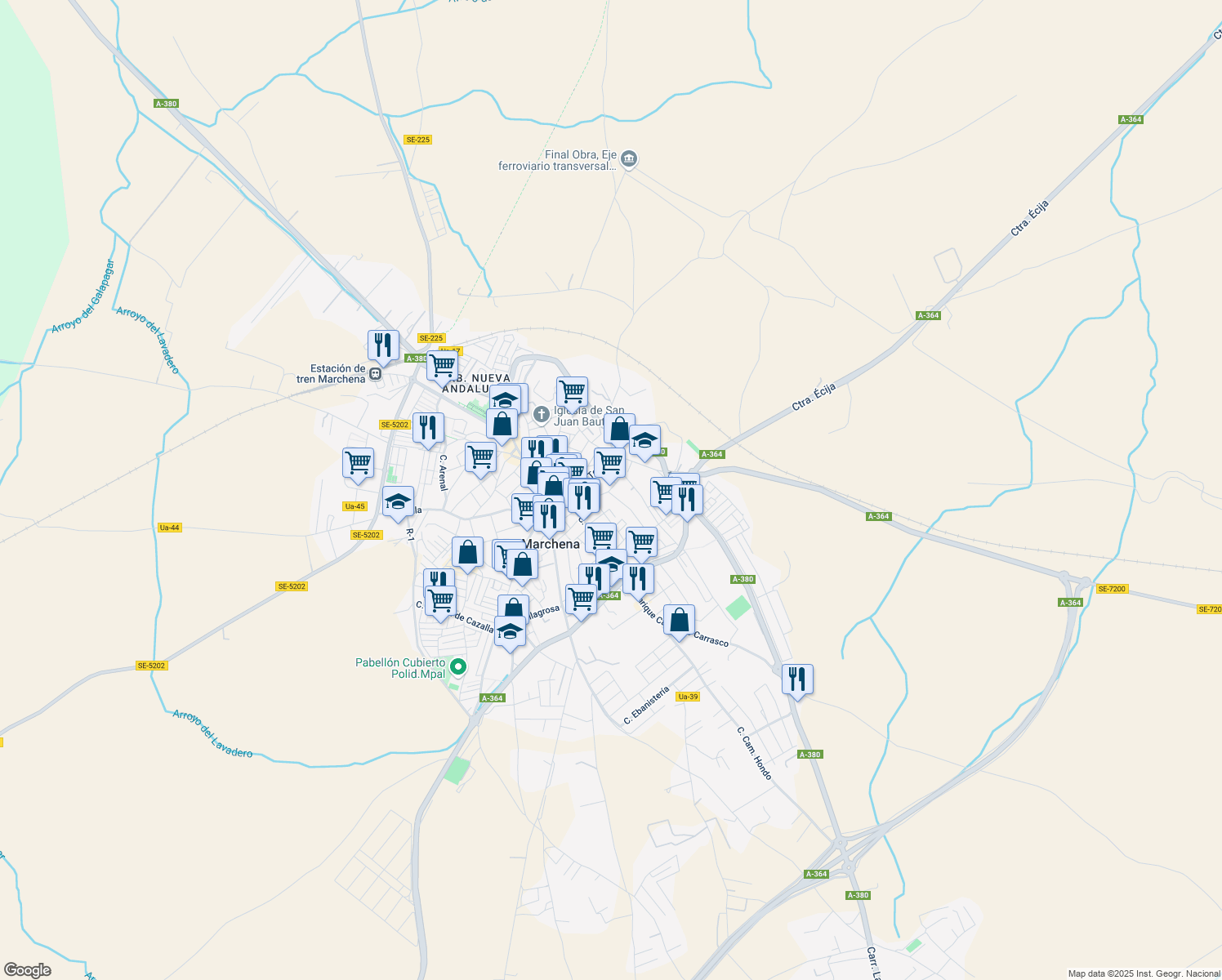 map of restaurants, bars, coffee shops, grocery stores, and more near 15 Calle Huerta Gavira in Marchena