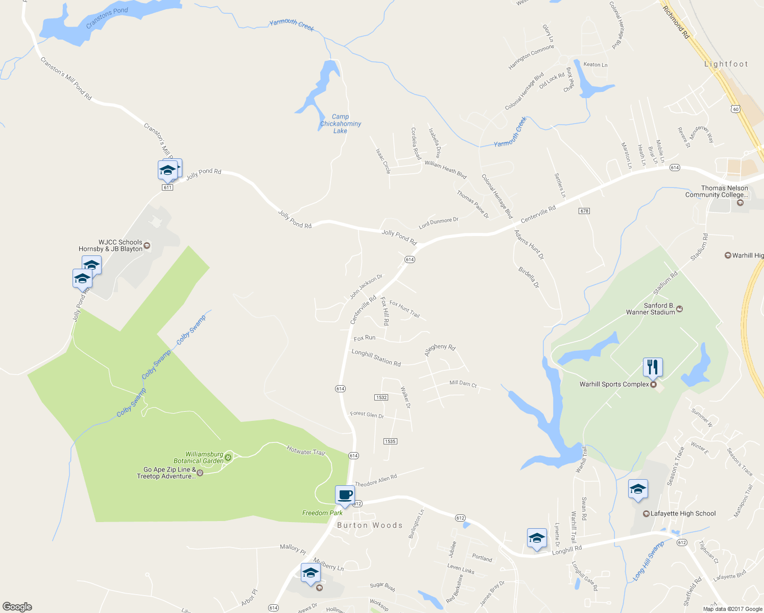 map of restaurants, bars, coffee shops, grocery stores, and more near 6009 Fox Hill Road in Williamsburg
