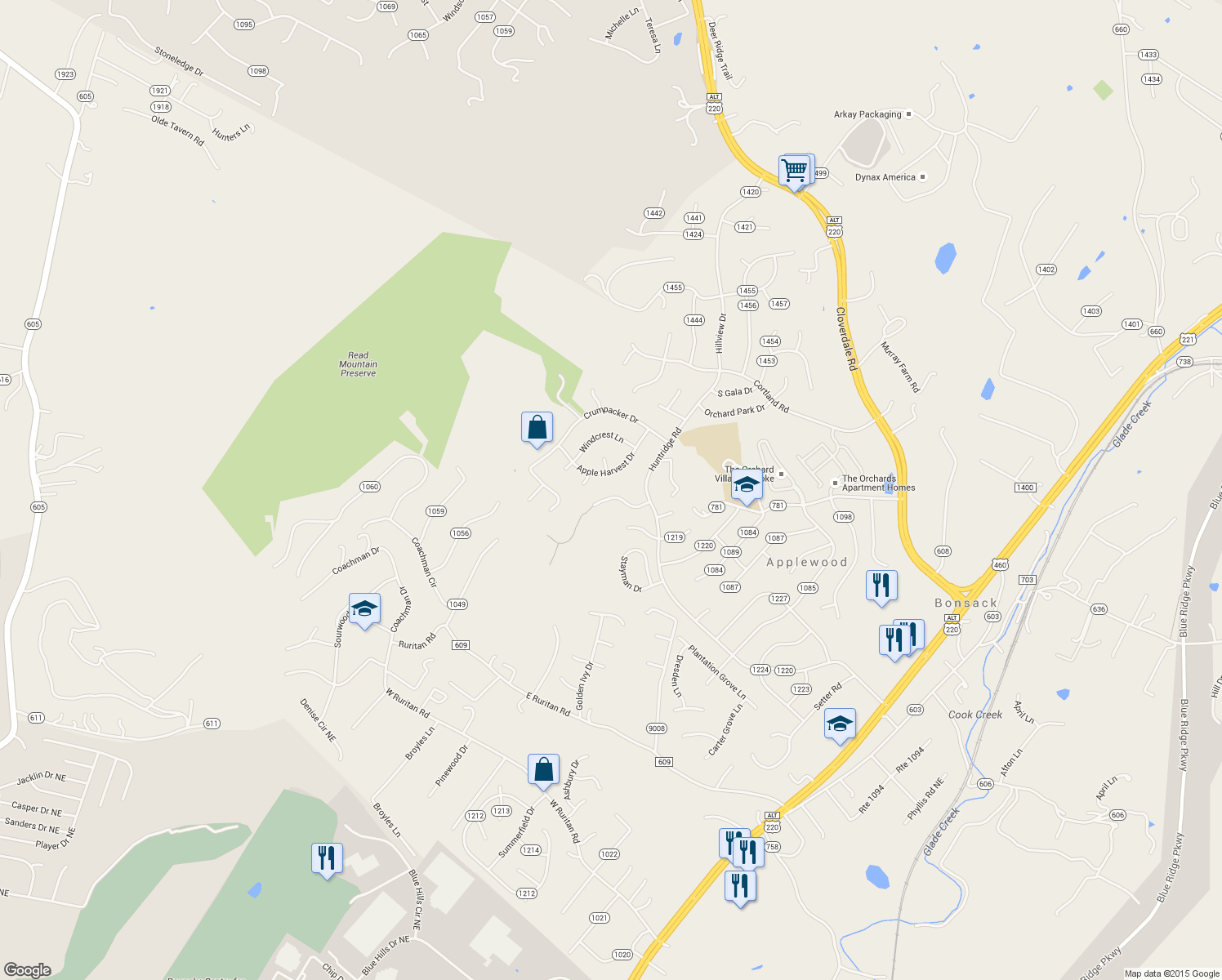 map of restaurants, bars, coffee shops, grocery stores, and more near 5665 Sullivan Lane in Roanoke