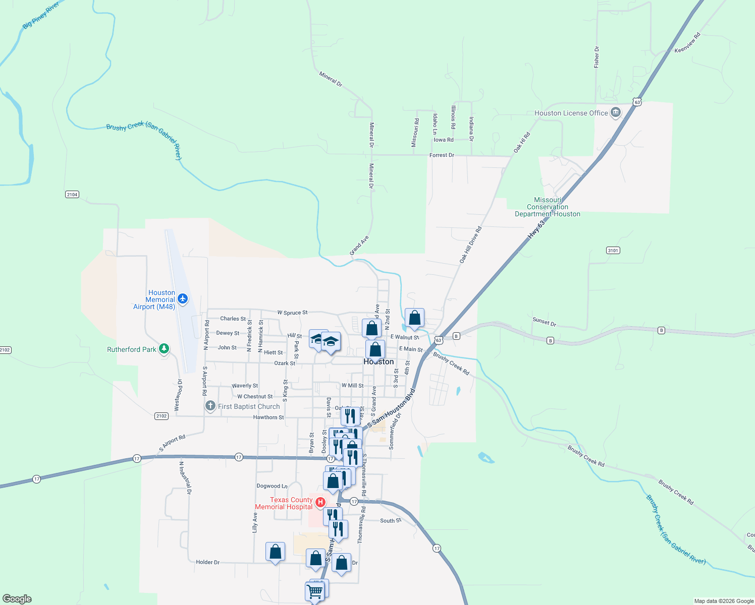 map of restaurants, bars, coffee shops, grocery stores, and more near 101 Hickory St in Houston