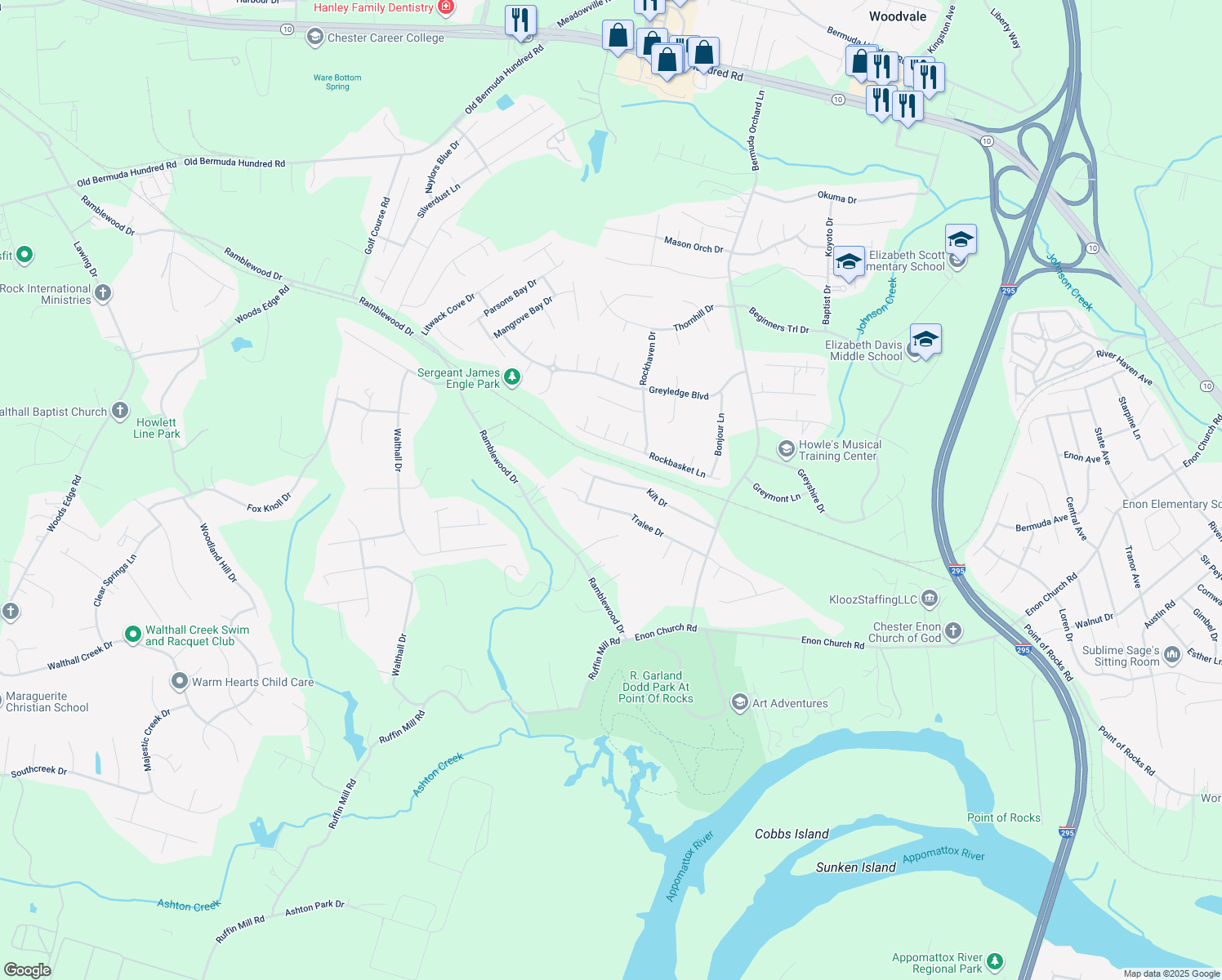 map of restaurants, bars, coffee shops, grocery stores, and more near 221 Kilt Drive in Chester
