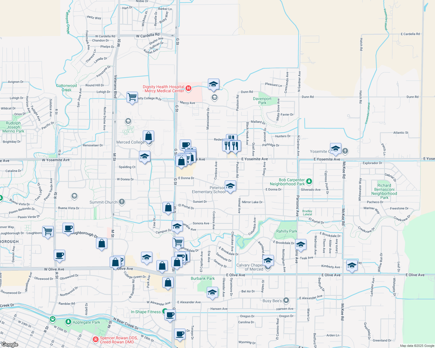 map of restaurants, bars, coffee shops, grocery stores, and more near 3584 Gateway Place in Merced