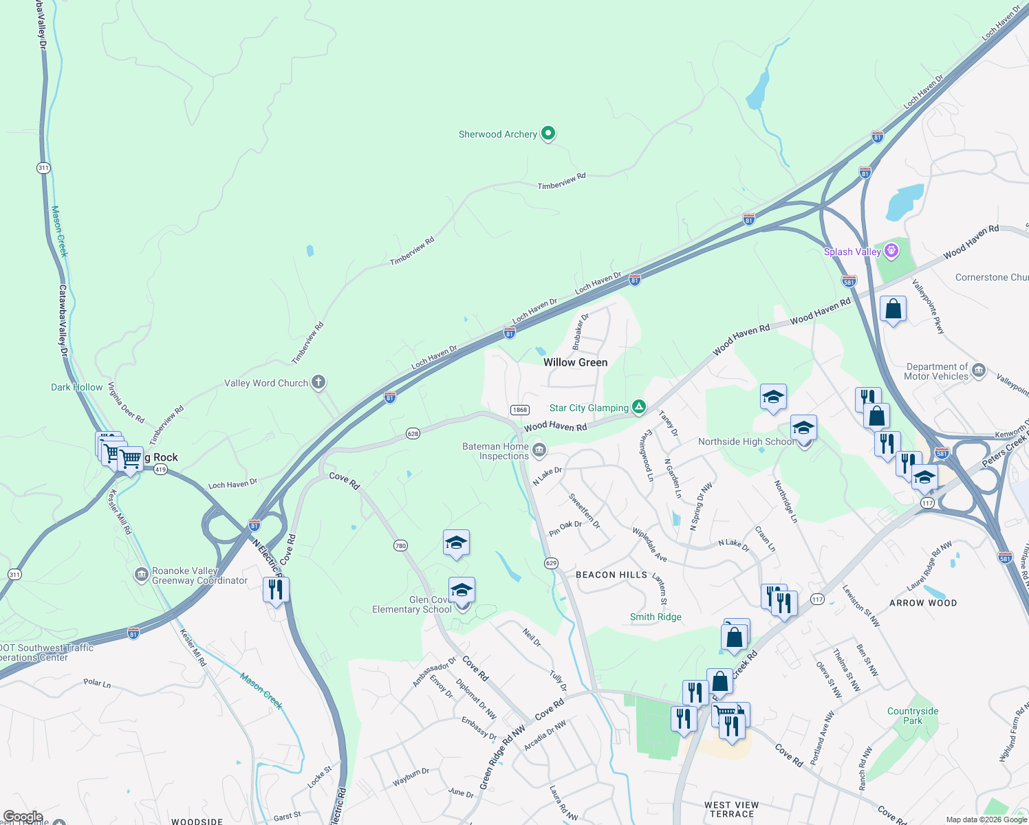 map of restaurants, bars, coffee shops, grocery stores, and more near 3316 Green Ridge Court in Roanoke