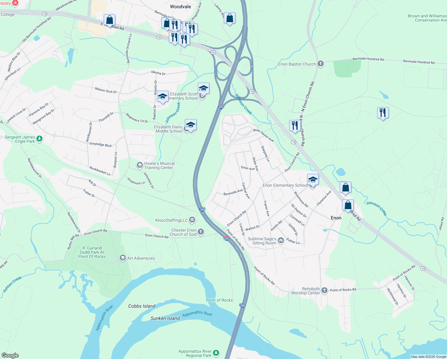 map of restaurants, bars, coffee shops, grocery stores, and more near 14201 Santell Drive in Chester