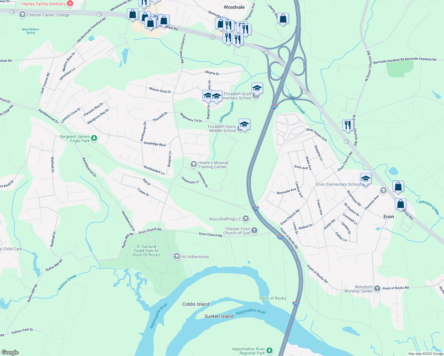 map of restaurants, bars, coffee shops, grocery stores, and more near 14042 Mountshire Lane in Chester