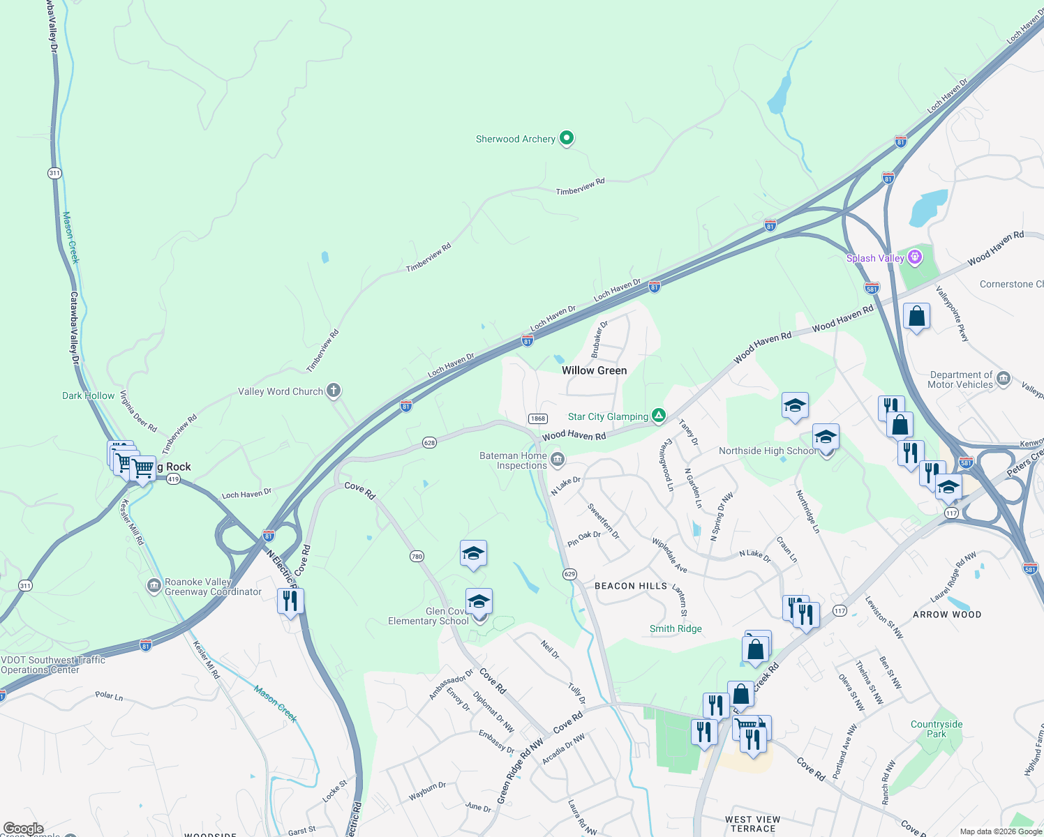 map of restaurants, bars, coffee shops, grocery stores, and more near 3316 Green Ridge Court in Roanoke