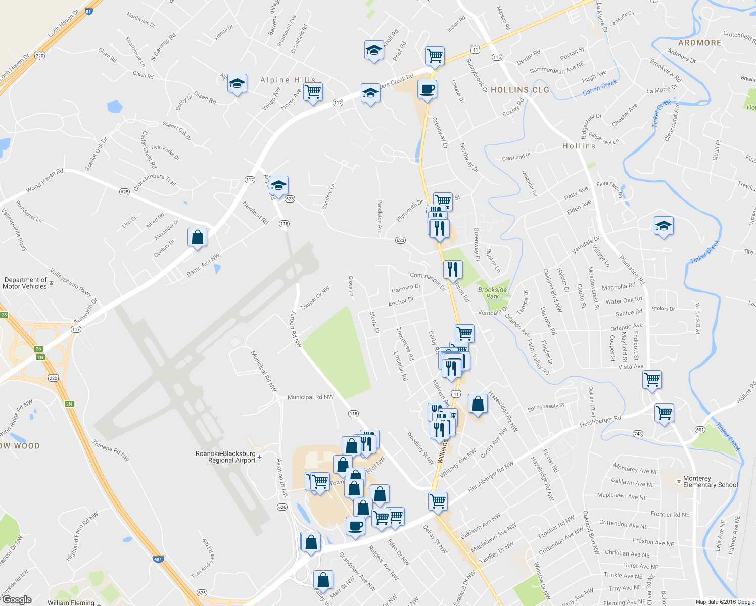 map of restaurants, bars, coffee shops, grocery stores, and more near 923 Anchor Drive in Roanoke