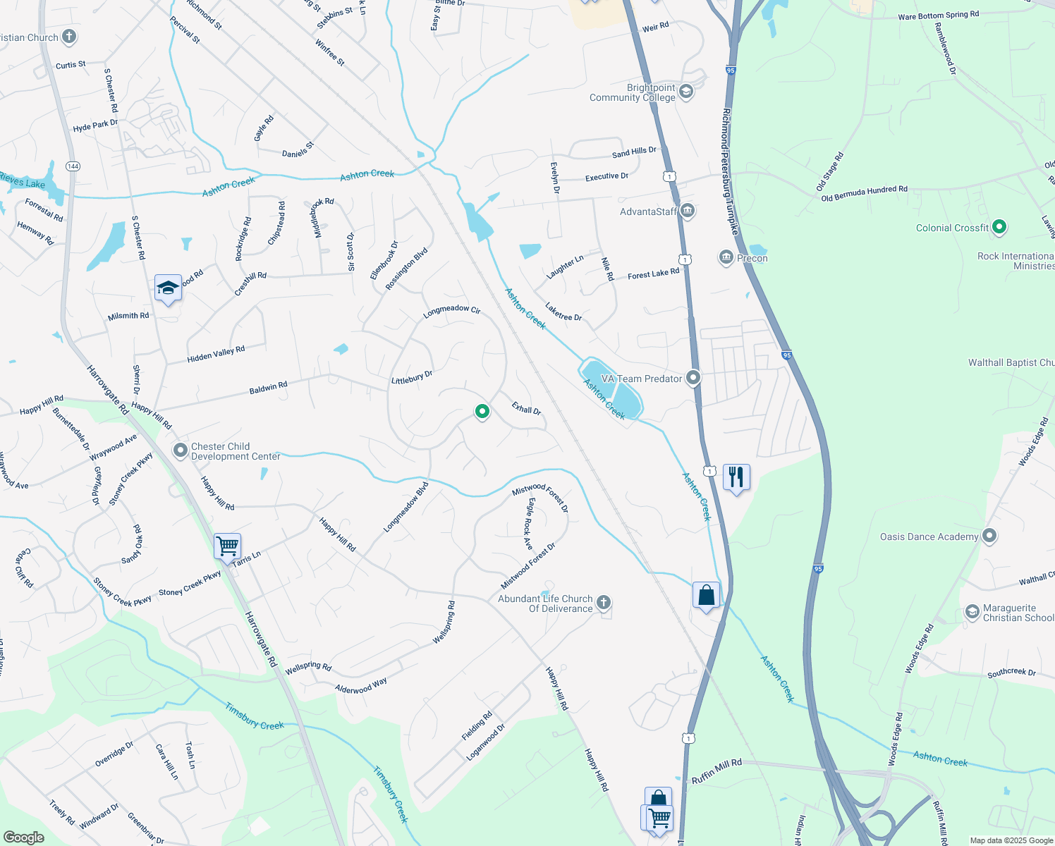 map of restaurants, bars, coffee shops, grocery stores, and more near 13913 Kentwood Forest Dr in Chester