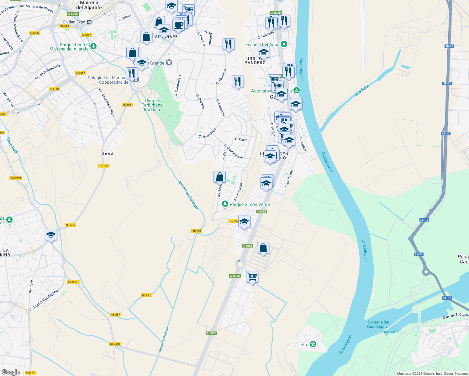 map of restaurants, bars, coffee shops, grocery stores, and more near Calle Brasil in Sevilla