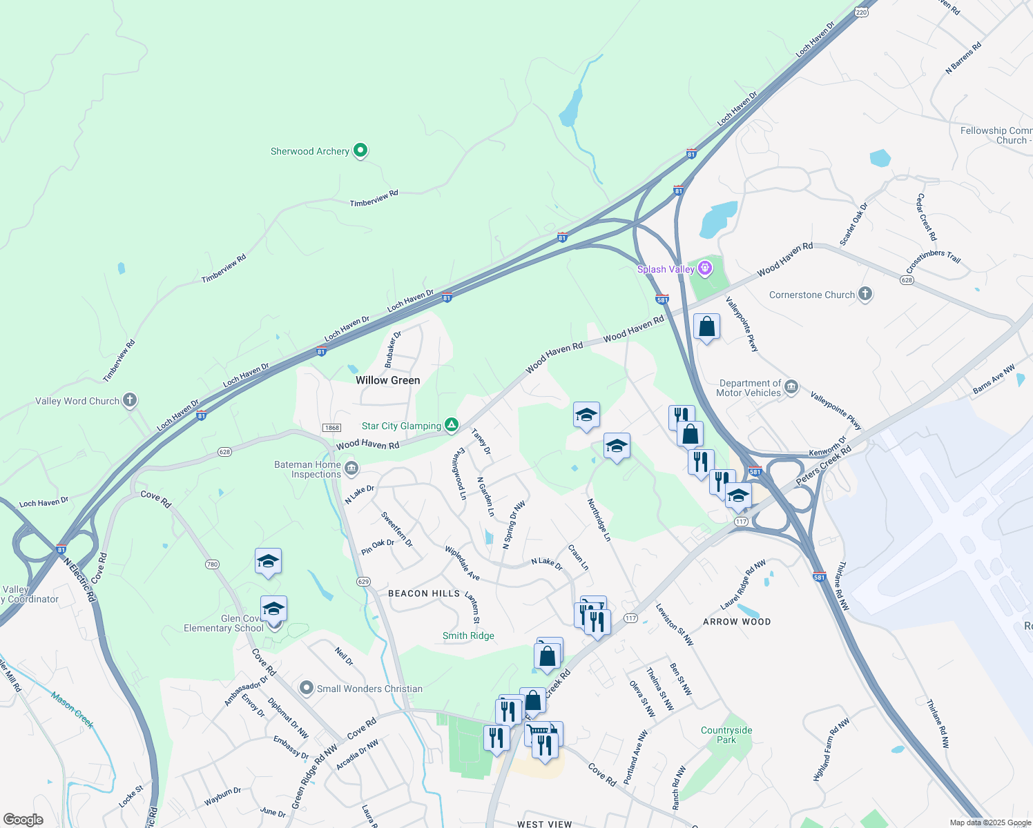 map of restaurants, bars, coffee shops, grocery stores, and more near 7924 Lanasey Drive in Roanoke