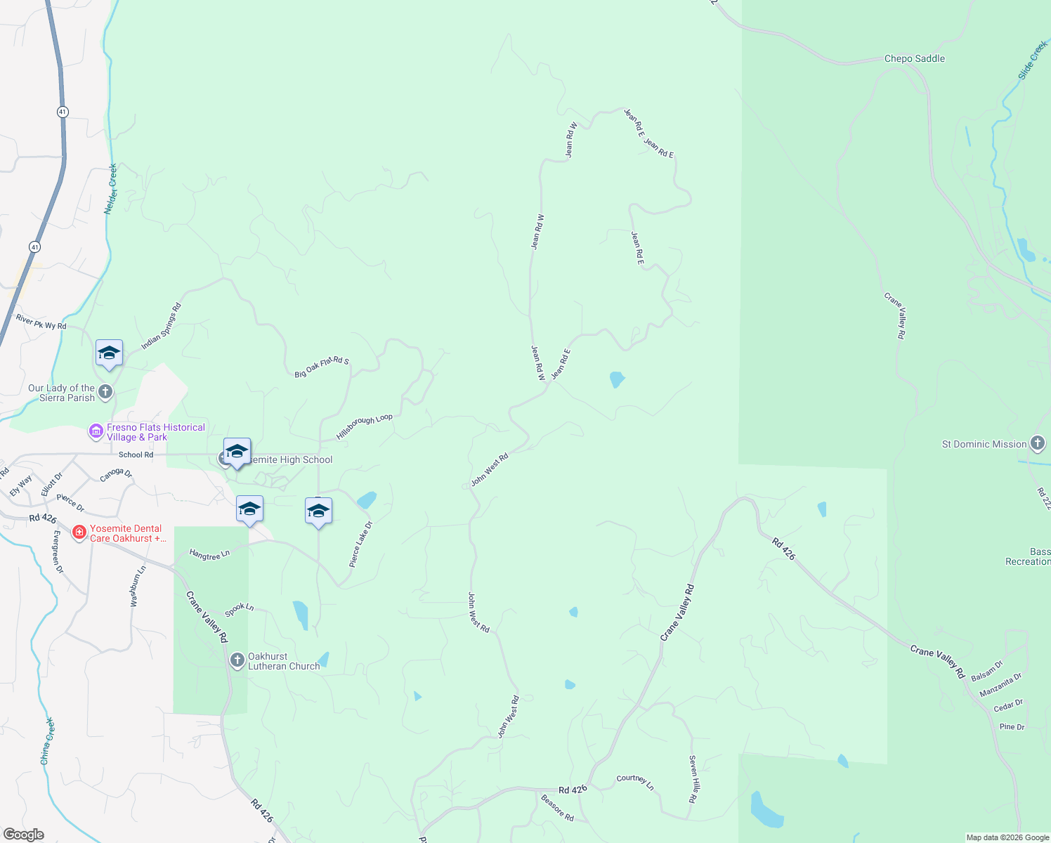 map of restaurants, bars, coffee shops, grocery stores, and more near 40089 John West Road in Oakhurst