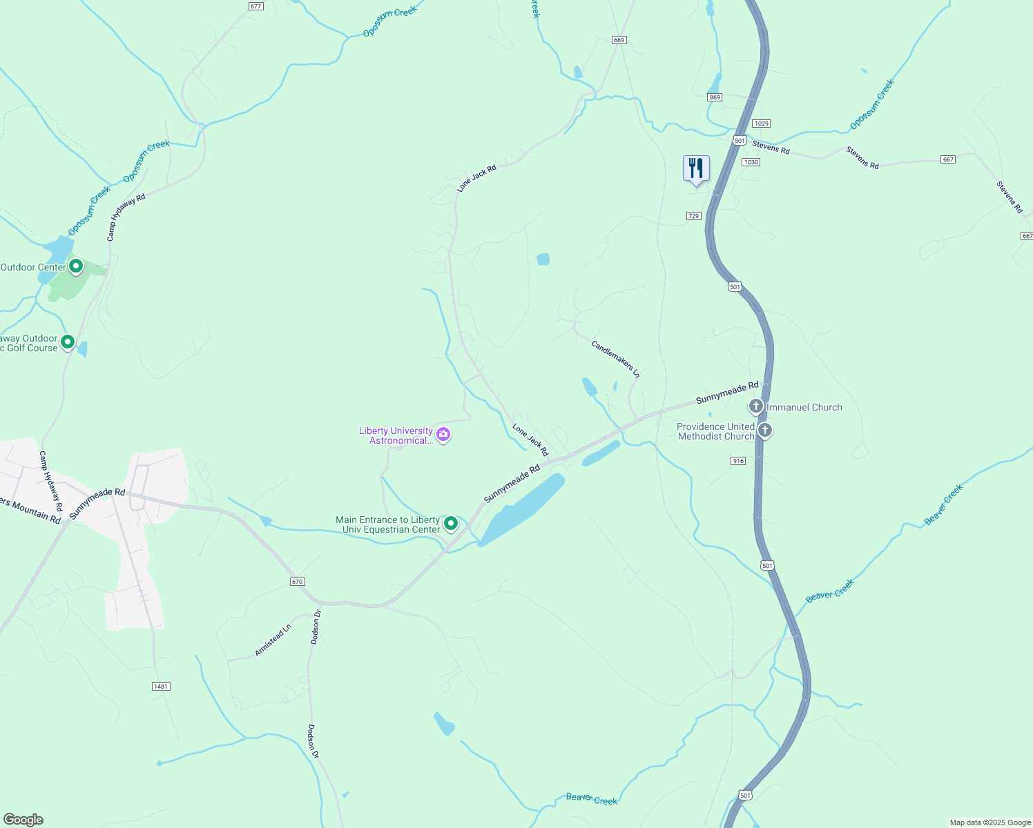 map of restaurants, bars, coffee shops, grocery stores, and more near Meli Drive in Campbell County