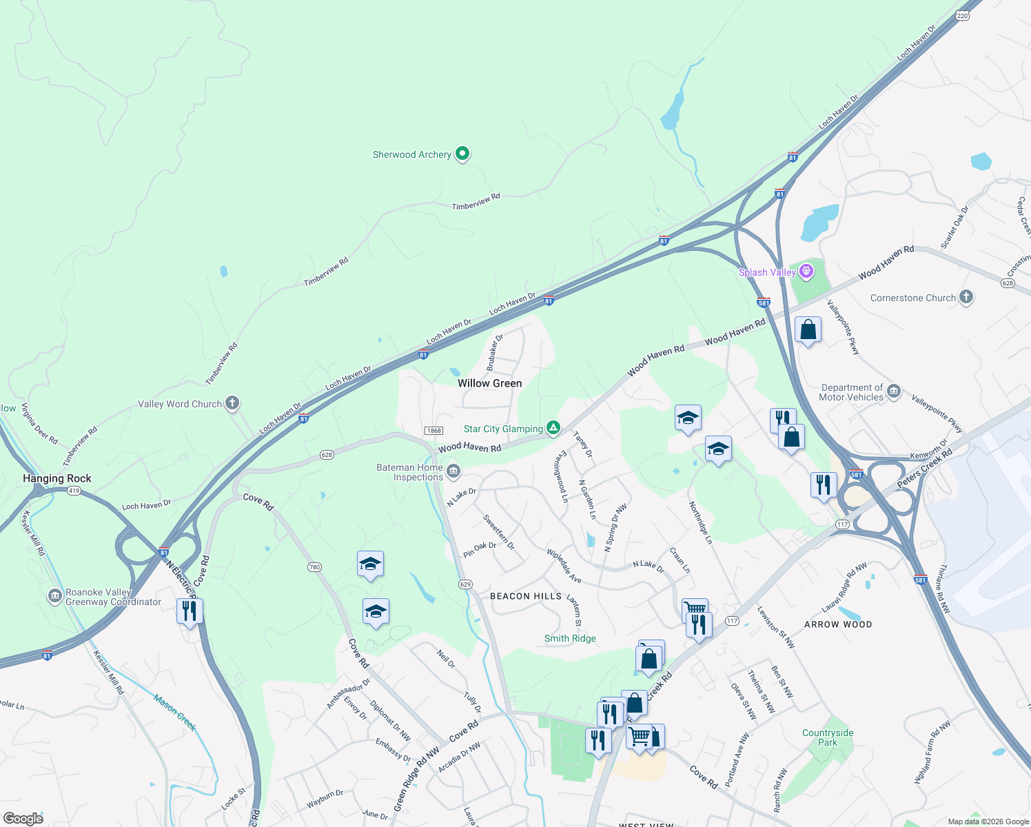 map of restaurants, bars, coffee shops, grocery stores, and more near 8307 County Road 1519 in Roanoke