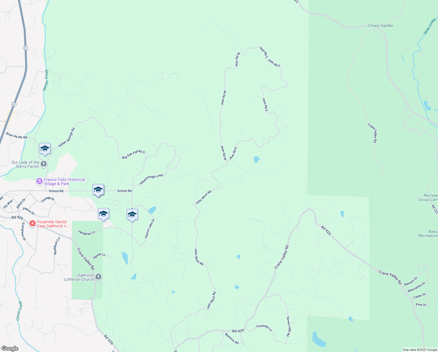 map of restaurants, bars, coffee shops, grocery stores, and more near 40089 John West Road in Oakhurst