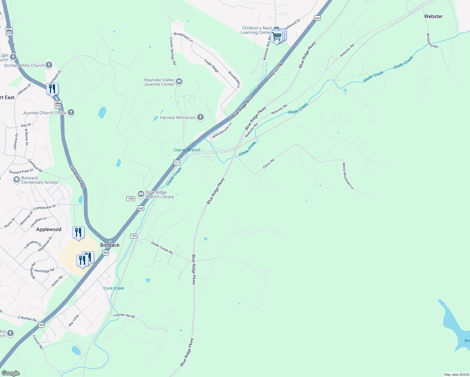 map of restaurants, bars, coffee shops, grocery stores, and more near 210 Davis Road in Roanoke
