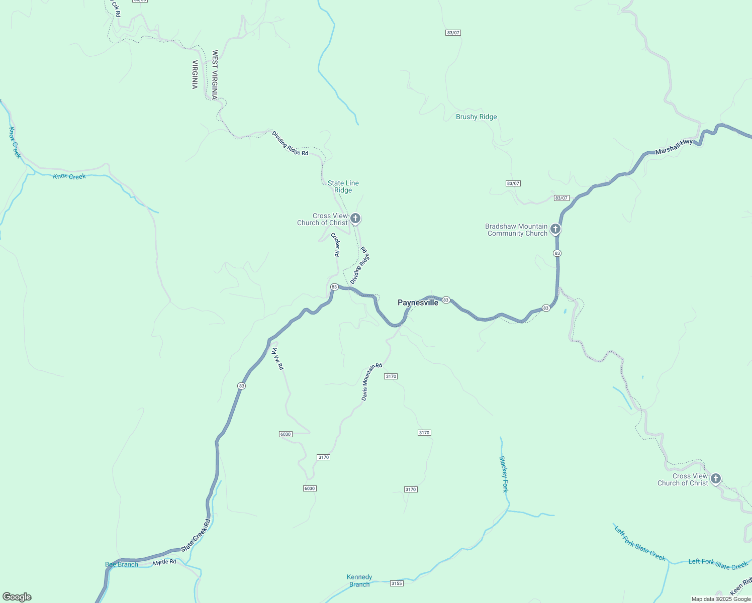 map of restaurants, bars, coffee shops, grocery stores, and more near West Virginia 83 in Jolo