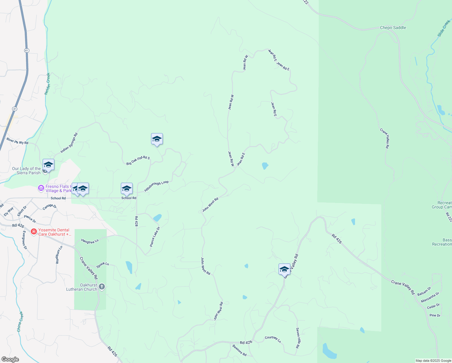 map of restaurants, bars, coffee shops, grocery stores, and more near 40089 John West Road in Oakhurst