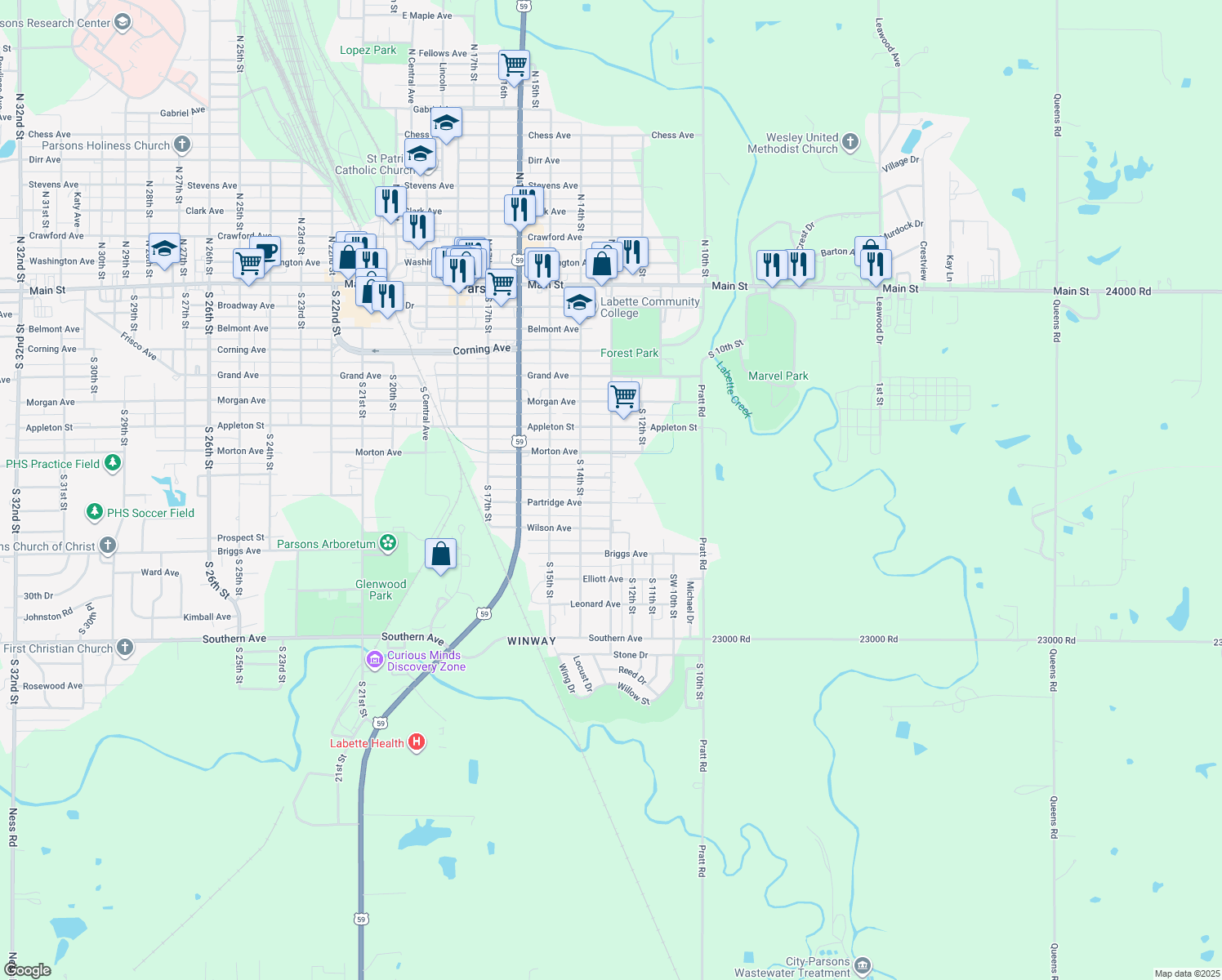 map of restaurants, bars, coffee shops, grocery stores, and more near 949 S 13th St in Parsons