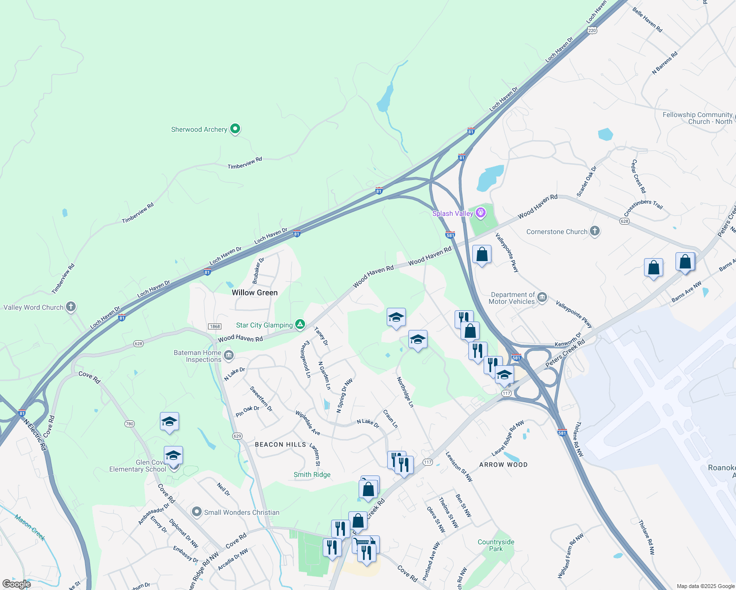 map of restaurants, bars, coffee shops, grocery stores, and more near 7919 Layne Court in Roanoke