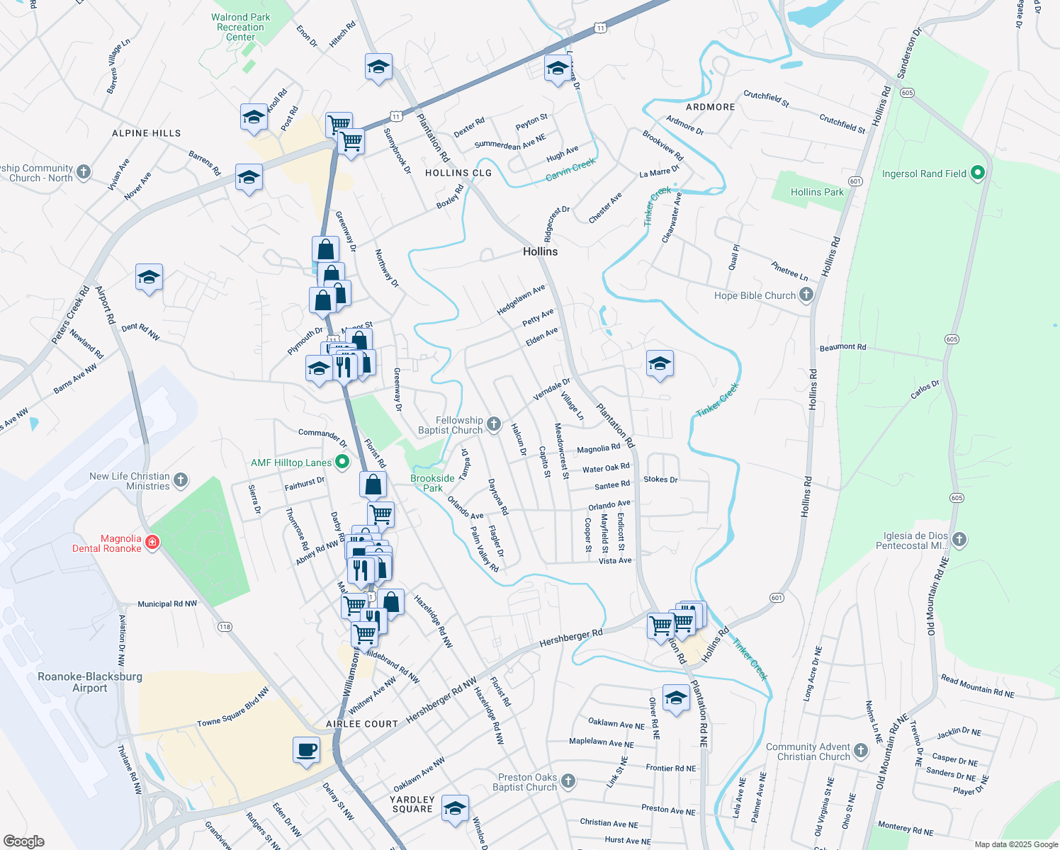 map of restaurants, bars, coffee shops, grocery stores, and more near 5644 Capito Street in Roanoke