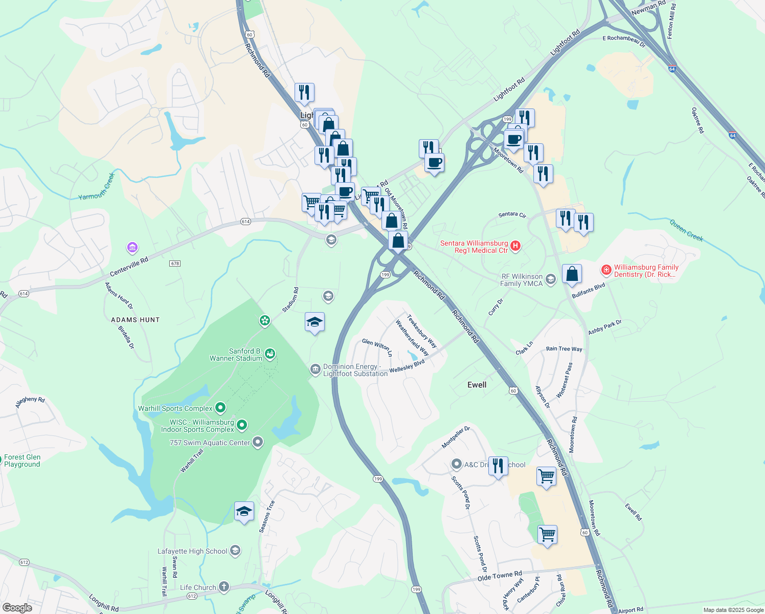 map of restaurants, bars, coffee shops, grocery stores, and more near 6281 Weathersfield Way in Williamsburg