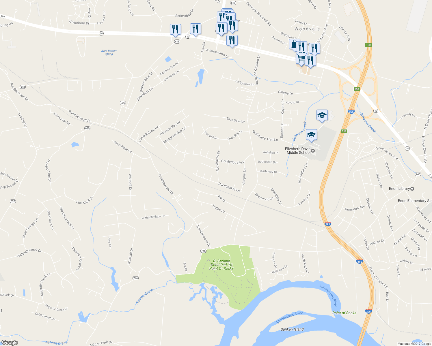 map of restaurants, bars, coffee shops, grocery stores, and more near 14006 Rockhaven Drive in Chester