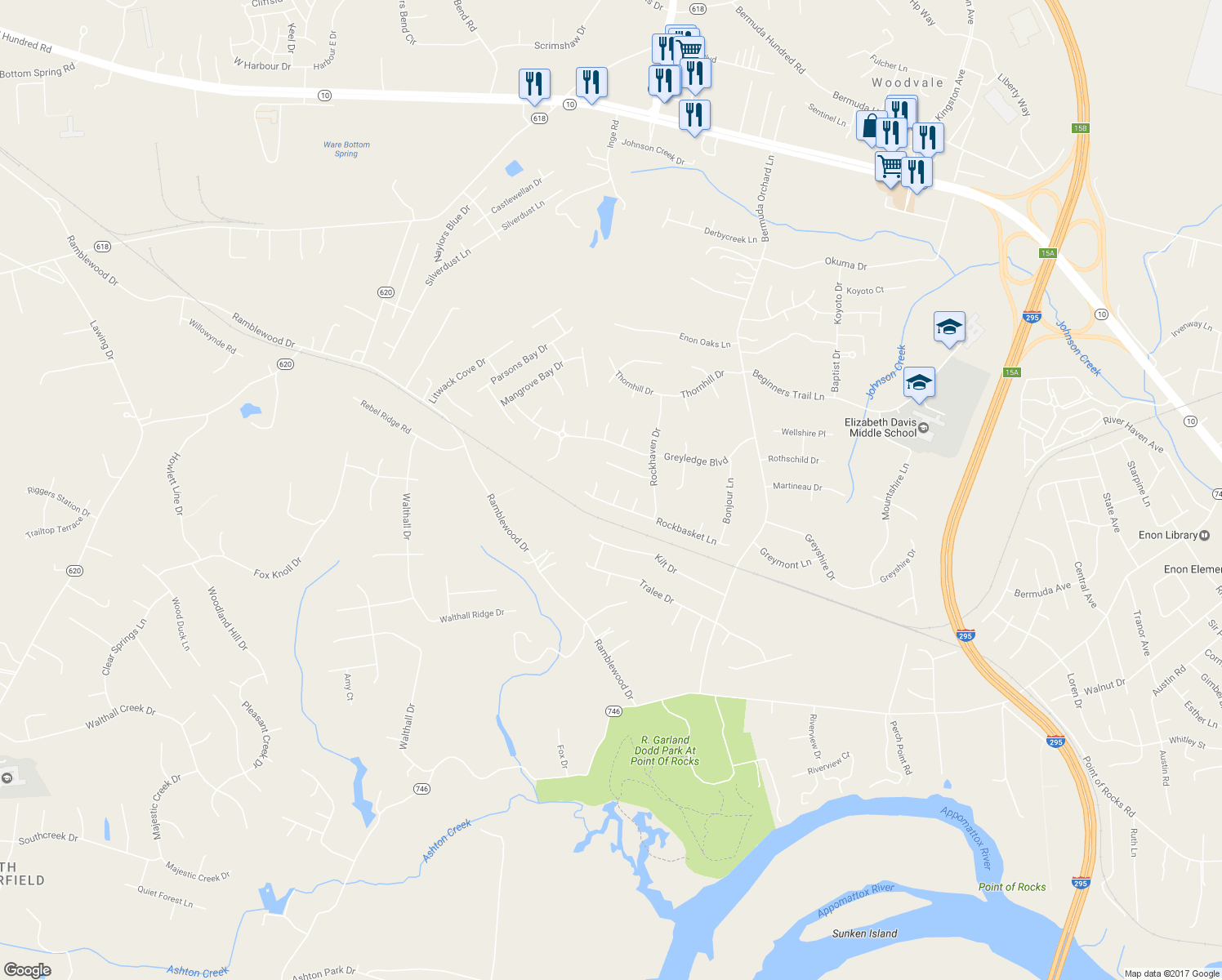 map of restaurants, bars, coffee shops, grocery stores, and more near 14020 Rockbasket Place in Chester