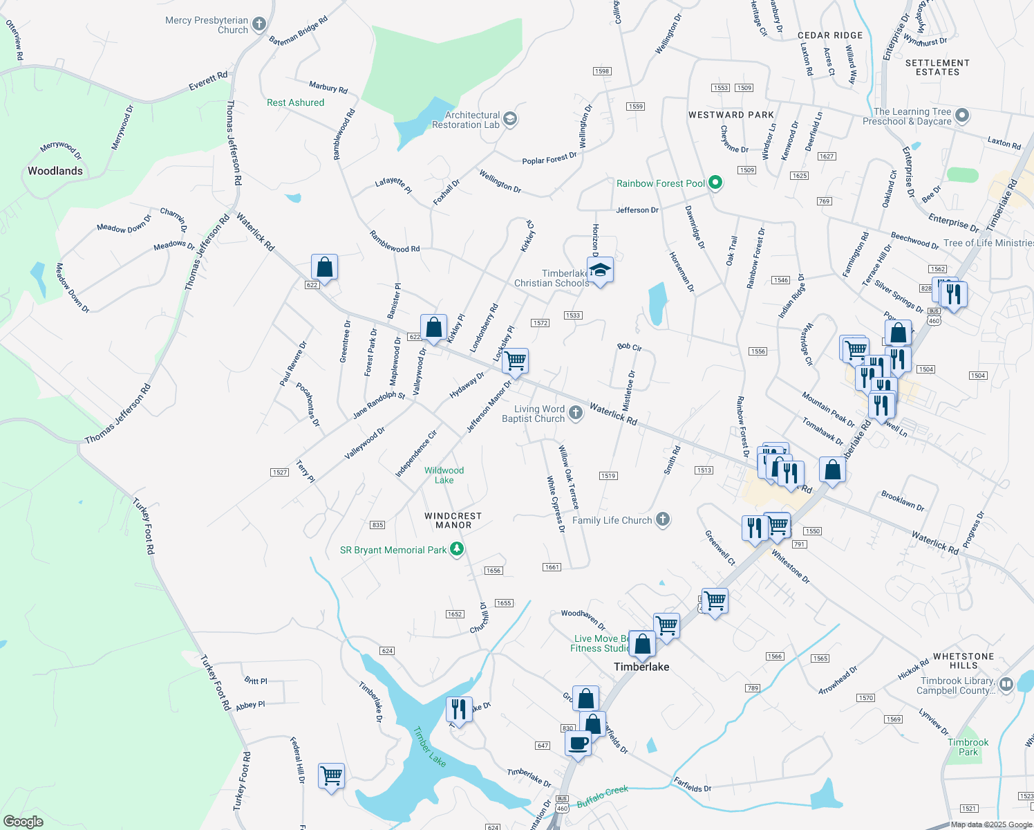 map of restaurants, bars, coffee shops, grocery stores, and more near 126 Moss Creek Drive in Forest