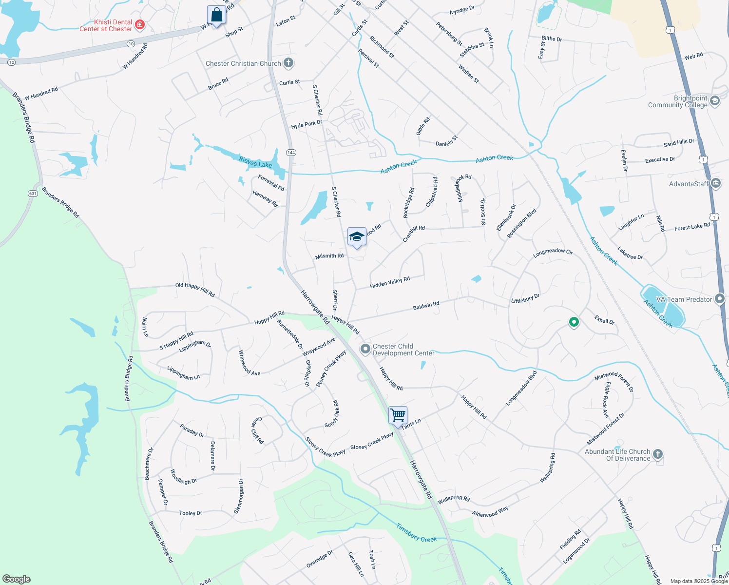 map of restaurants, bars, coffee shops, grocery stores, and more near 4205 Hidden Valley Rd in Chester