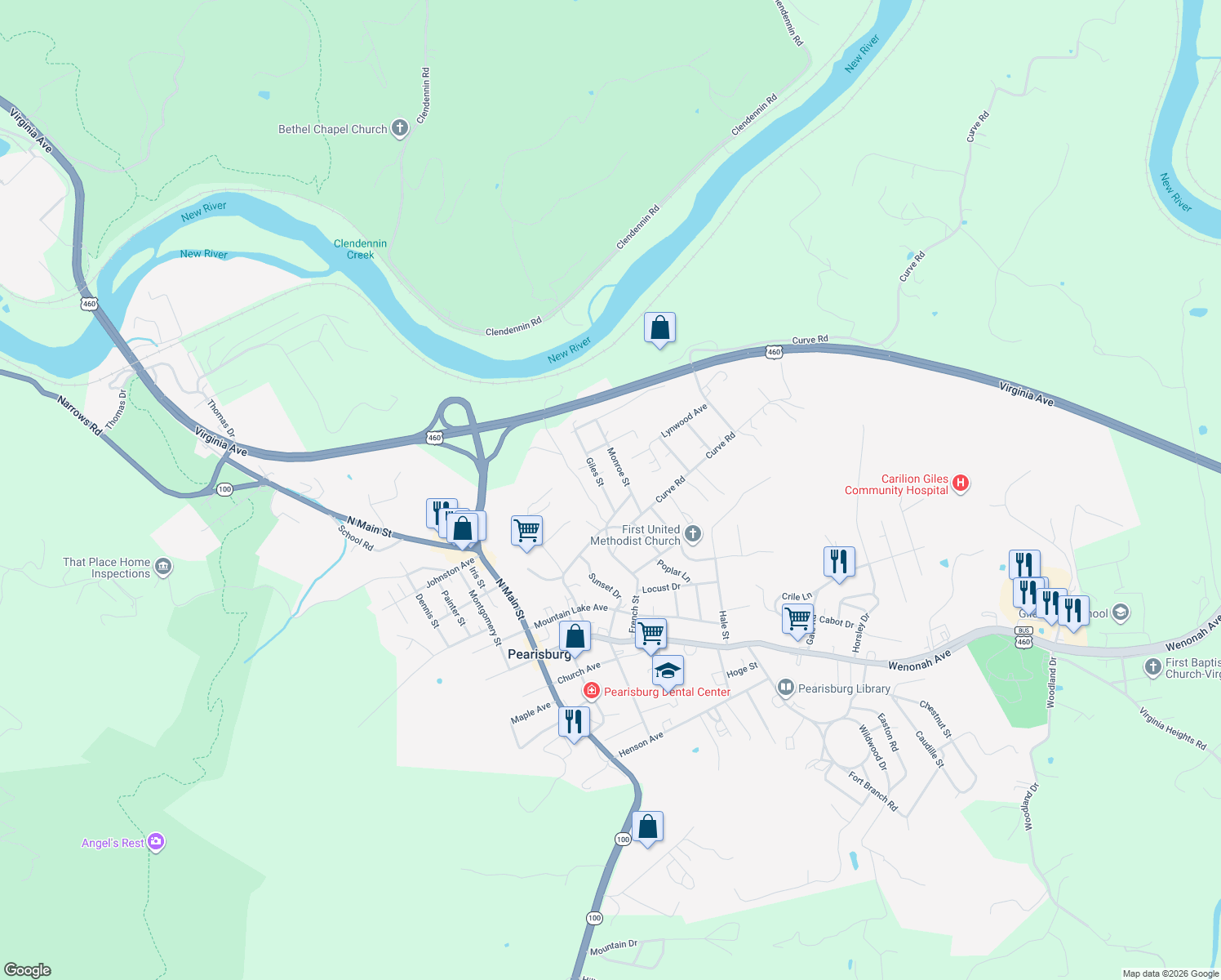 map of restaurants, bars, coffee shops, grocery stores, and more near 508 Giles St in Pearisburg