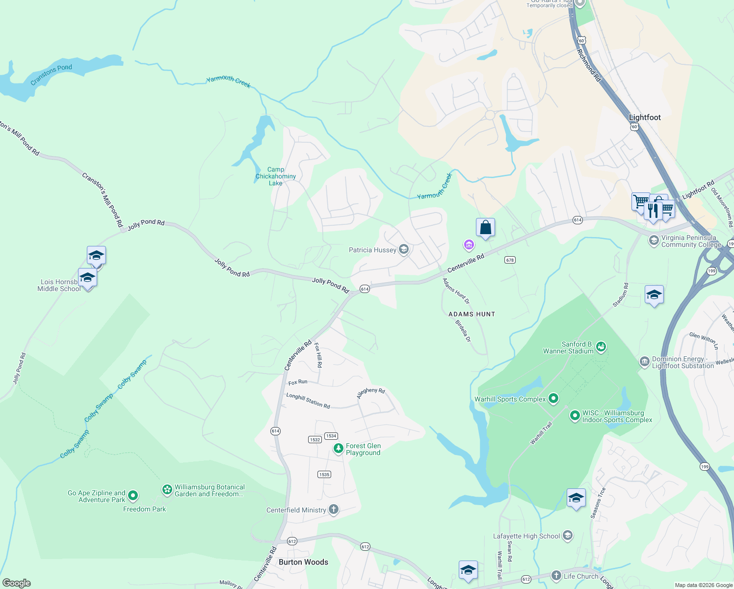 map of restaurants, bars, coffee shops, grocery stores, and more near 6150 Centerville Rd in Williamsburg
